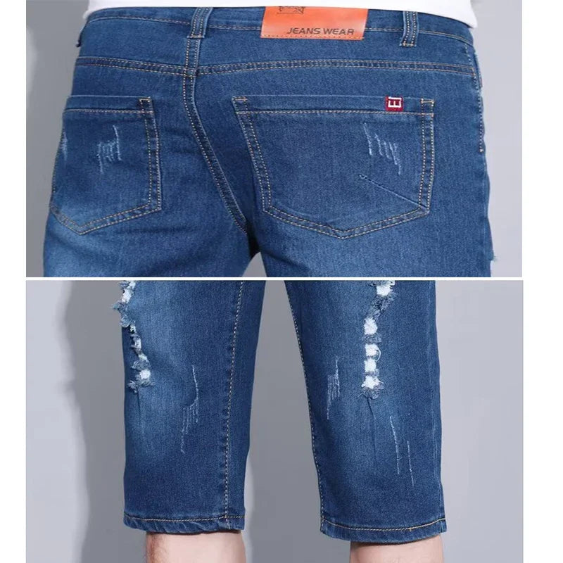2026 Summer Men Loose Straight Ripped Jeans Male Daily Lightweight Breathable Knee Length Denim Shorts Street Trend Casual Pants