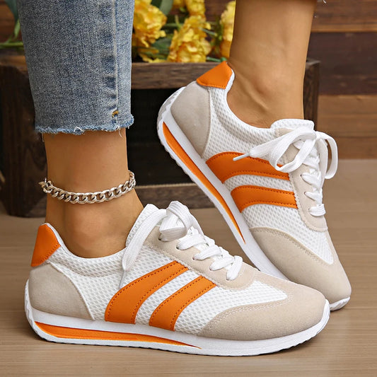 Lätta platåsneakers för dam – andningsbart mesh med orange ränder