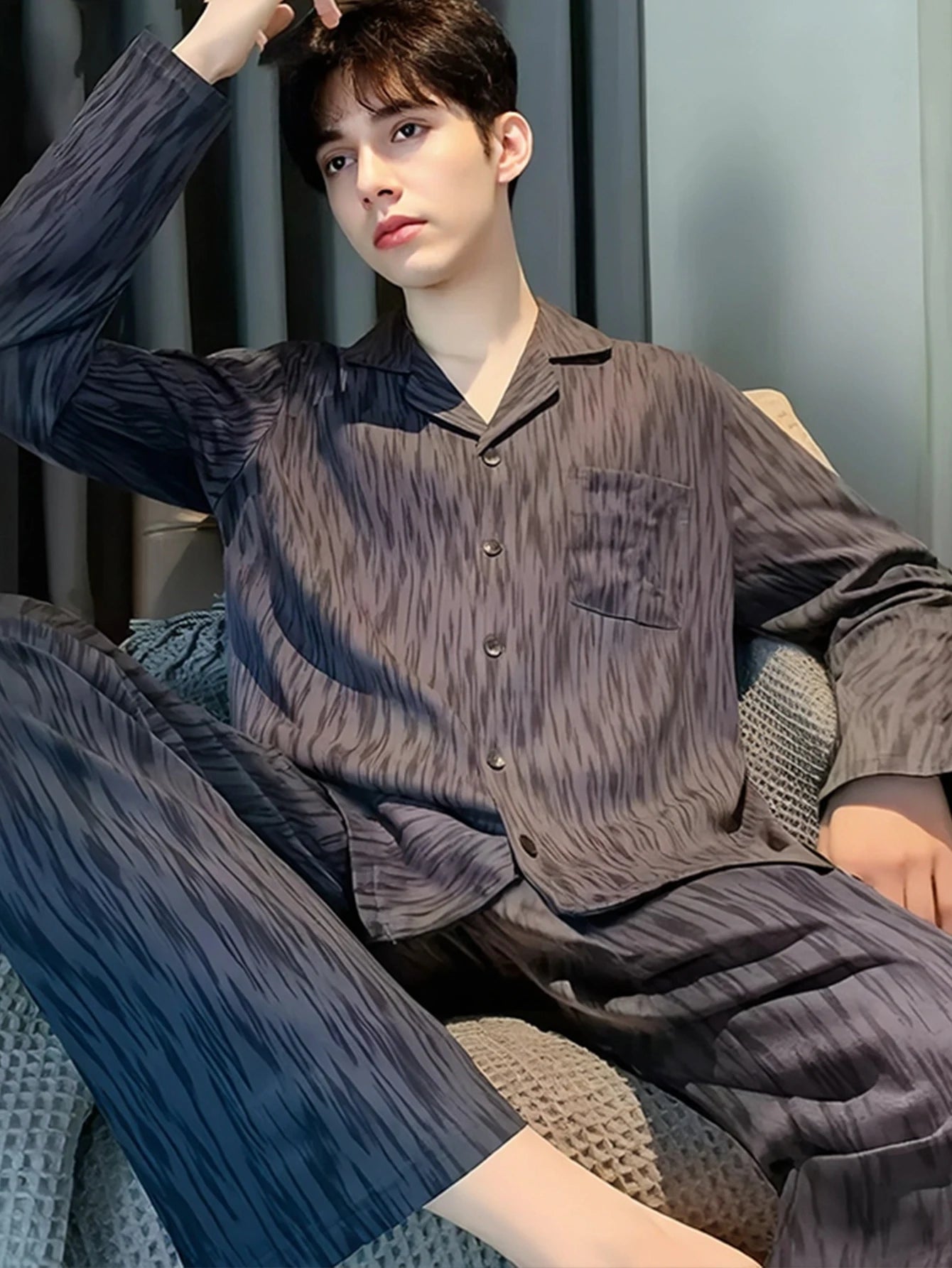 Casual Spring and Autumn Pajamas for Men, New Versatile Cardigan Long-Sleeved Long Pants Set, Simple and Stylish, Plus-Size Loungewear