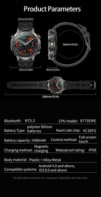 New 1400 mAh Battery Military Smartwatch Men IP68 Waterproof Flashlight Health Monitor Sports Call Smart Watch For iOS Android