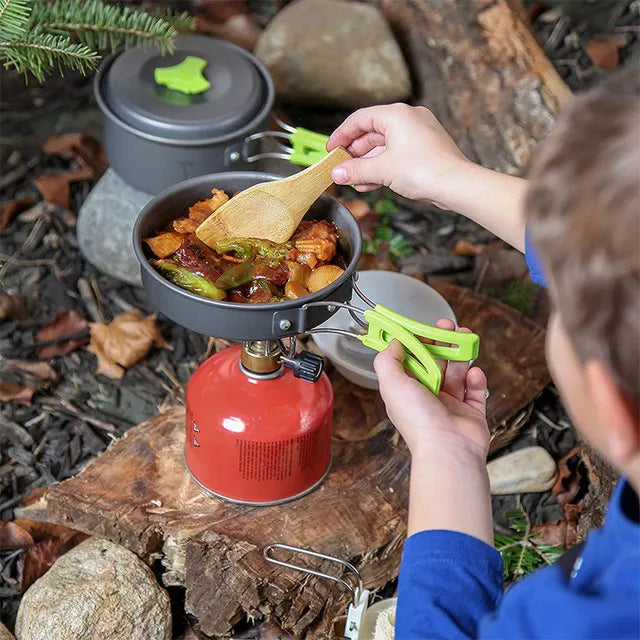 Campingkokset 9-delar – Non-Stick Aluminium, Kastrull, Panna, Skålar & Förvaringsväska, Ljusgrön
