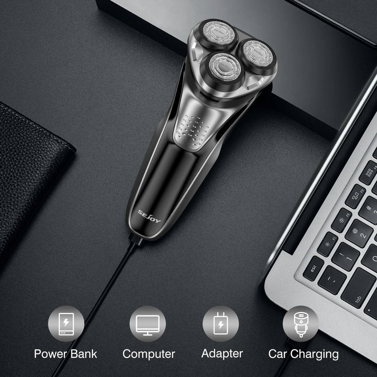 Elektrisk rakapparat med tre roterande blad och USB-C-laddning