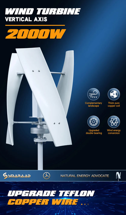 SMARAAD Vertikal Vindturbin 2kW – Magnetisk Dynamo MPPT Boost Hybrid Sol+Vind Off-Grid Inverter 220V, EU-lager Polen