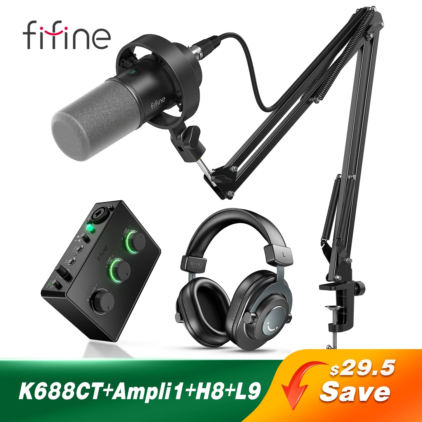 FIFINE Podcast Microphone Audio Mixer Headset Kit with Boom Arm for PC,Recording Studio Microphone for Youtube-K688/H8/Ampli1