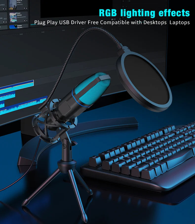 USB Microphone RGB Microfone Condensador Wire Gaming Mic for Podcast Recording Studio Streaming Laptop Desktop PC