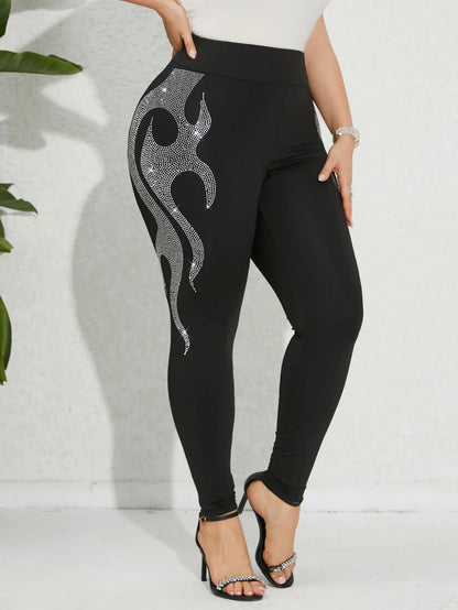 Plus Size Women's Leggings Rhinestone Flame Design Knit Fabric High Elasticity Trousers Comfortable Stylish Female Bottoms