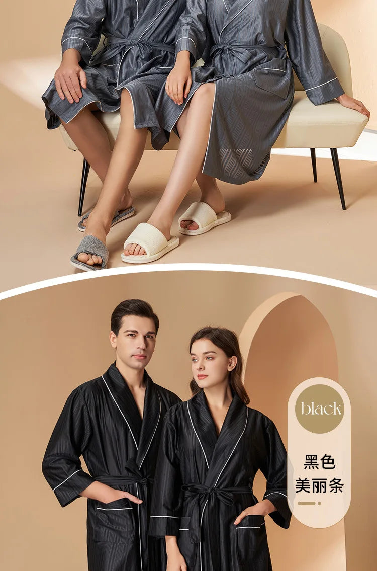 New Stripe Couple Bathrobe Cool Thin Spring Autumn Mid-Length Water Absorbent Loungewear Robe Men Women Luxury Home Nightgown