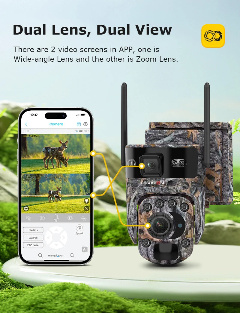 LS VISION 12MP 20X Optical Zoom 4G/ WiFi Solar Camera Outdoor Camouflage PTZ Cameras Surveillance CCTV Solar Hunting Camera Ubox