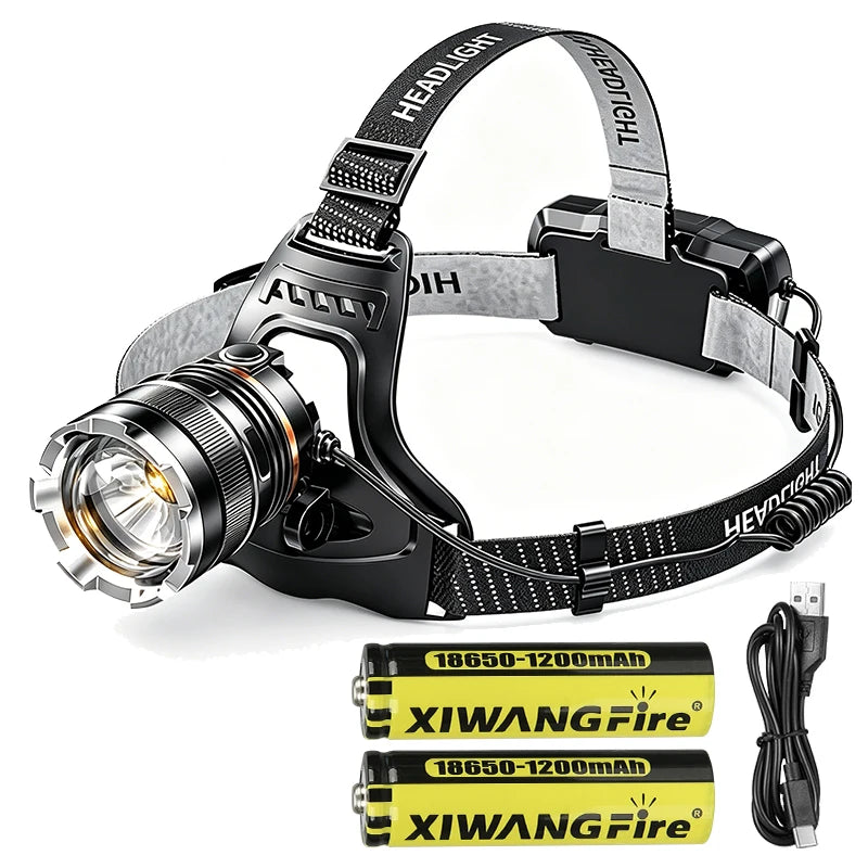 XIWANGFIRE XHP90.2 Pannlampa 50W – Zoom, Rörelsesensor, Vattentålig, 100–300m, Camping & Fiske