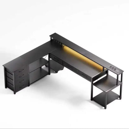 Desk, square table with drawers, sockets and USB ports, monitor stand and LED lighting included, black.