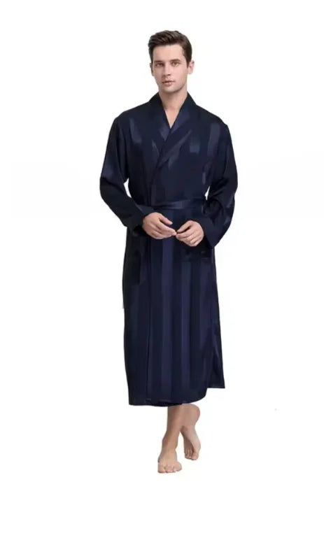 Plus Size 3XL 4XL 5XL Men Robe Sleepwear Navy Blue Stripe Kimono Bathrobe Gown with Pocket Summer Satin Home Clothes Lounge Wear