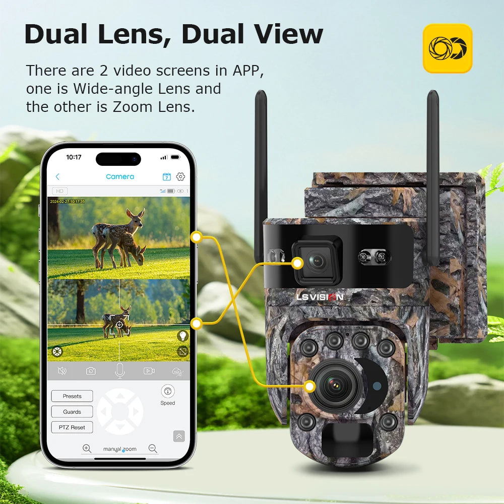 LS VISION 12MP 20X Optical Zoom 4G/ WiFi Solar Camera Outdoor Camouflage PTZ Cameras Surveillance CCTV Solar Hunting Camera Ubox