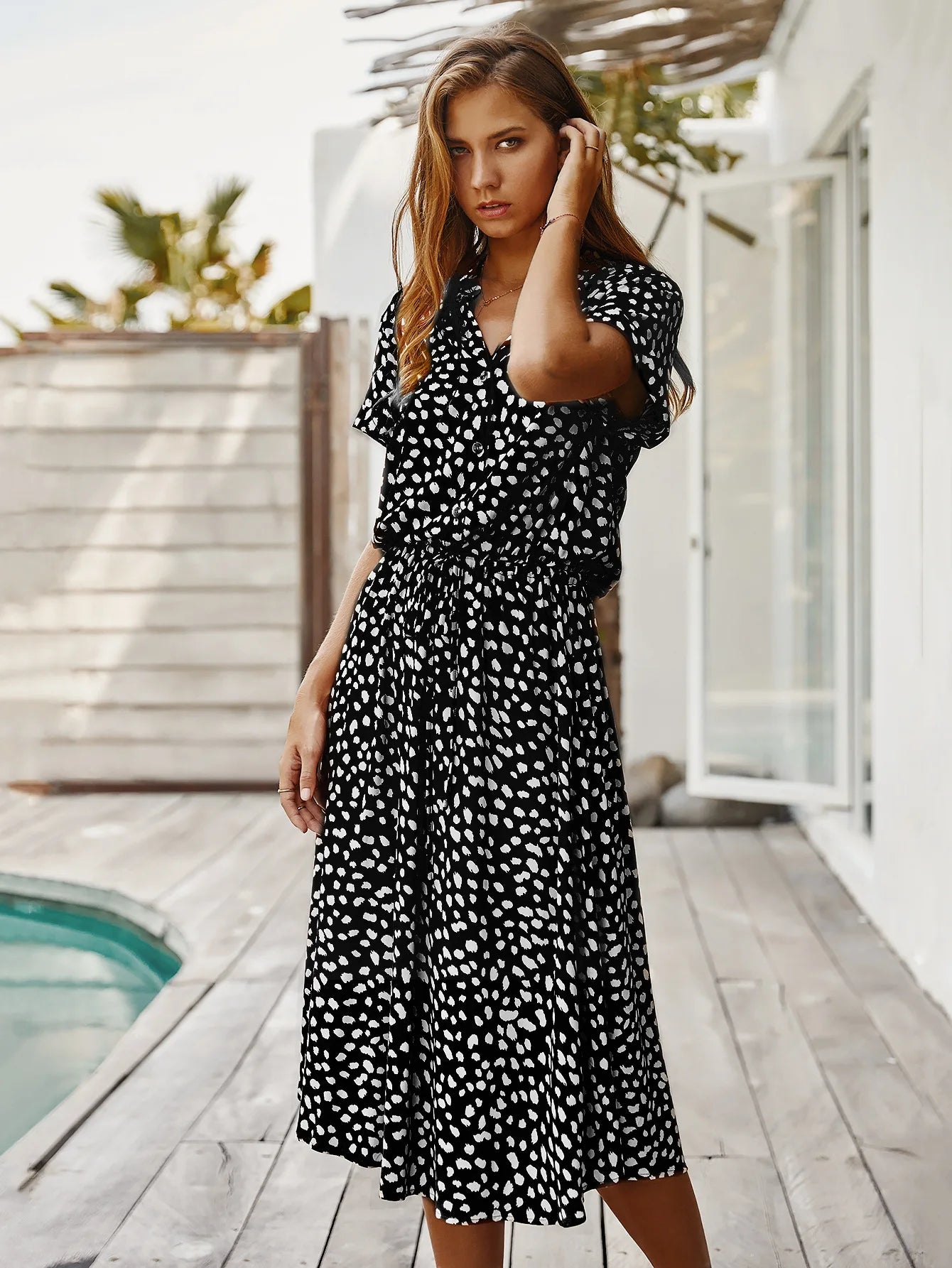 Vintage Blommig Boho Skjortklänning – Kortärmad, Lång, Nedvikt Krage, Skärp, 6 Färger, S–XL