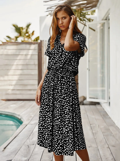 Vintage Blommig Boho Skjortklänning – Kortärmad, Lång, Nedvikt Krage, Skärp, 6 Färger, S–XL
