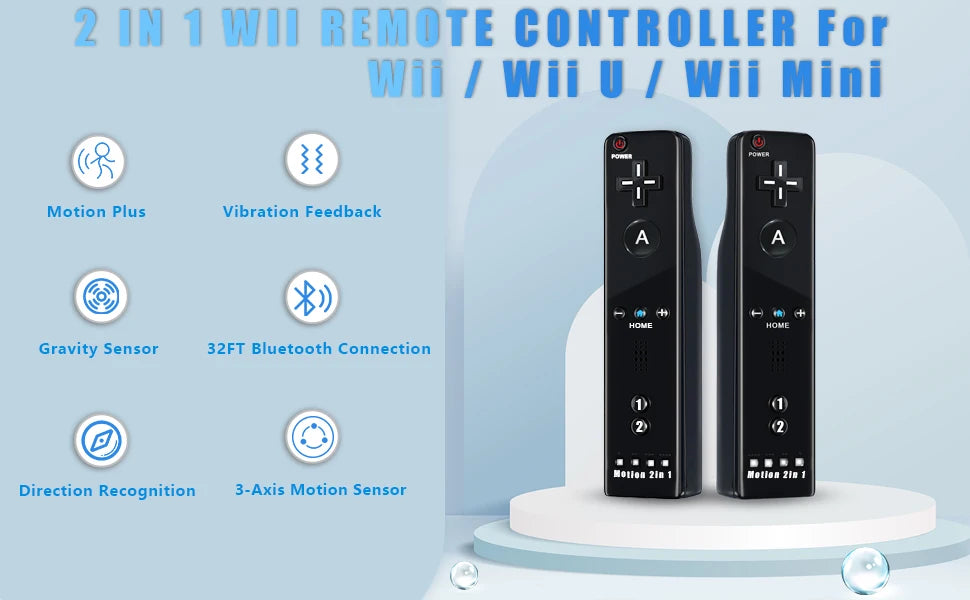 Nintendo Wii Trådlös Handkontroll 2-i-1 – Med/Utan MotionPlus, Silikonskål, Bluetooth, Wii/Wii U/Wii Mini