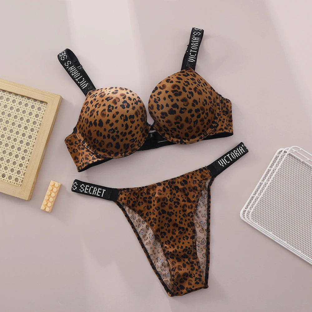 Victoria Secret Shine Script Thong Panty Very Sexy Logo Shine Strap Push Up Bra Set Sexy Women Lingerie Hot