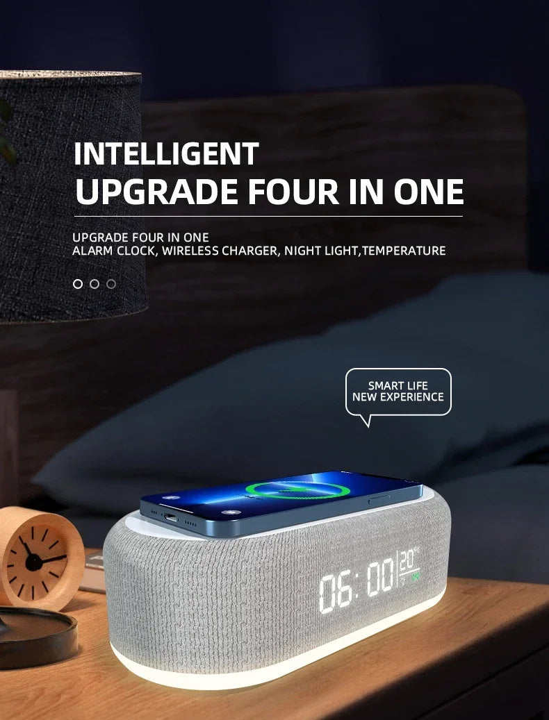 Wireless Charger Pad Phone Alarm Bedroom Lamp Night Light Desktop Clock Thermometer For iPhone 17 16 15 14 13 Fast Charging Dock