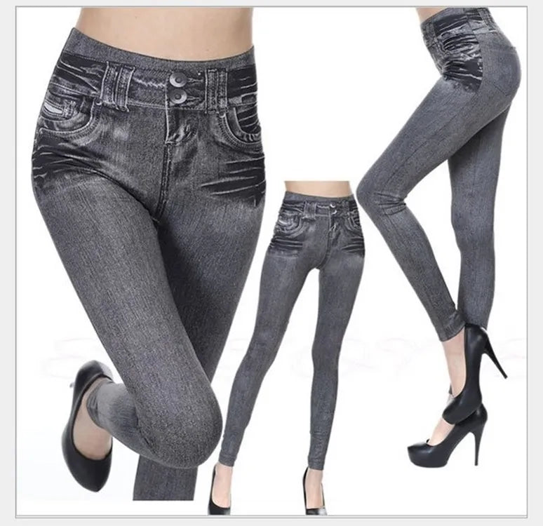 Dam Denim-print Leggings – Slim Faux Jeans Stretch Hög Midja Ankellång Casual Kontor, 3 Färger S–3XL