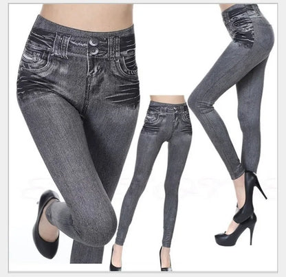 Dam Denim-print Leggings – Slim Faux Jeans Stretch Hög Midja Ankellång Casual Kontor, 3 Färger S–3XL