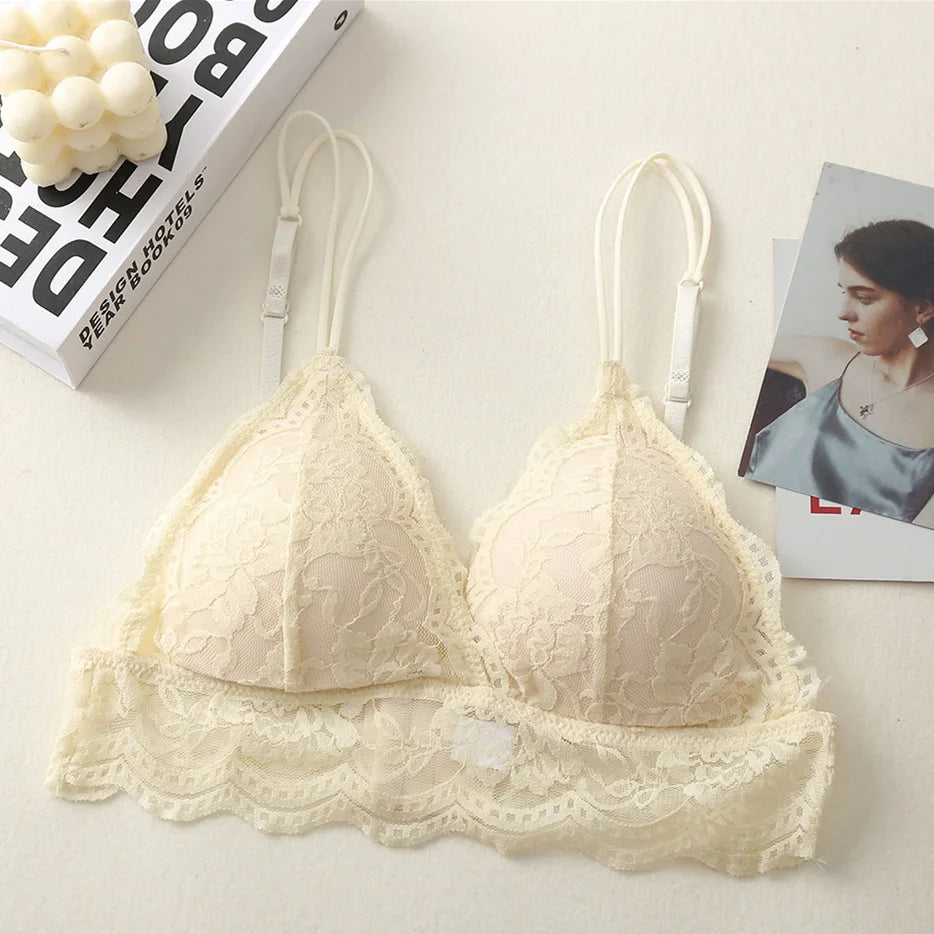 Lace Triangle Bralette Wireless Bra For Women Floral Lace Design Underwear Sexy Lingerie Lightly Lined Cup Small Chest Brassiere