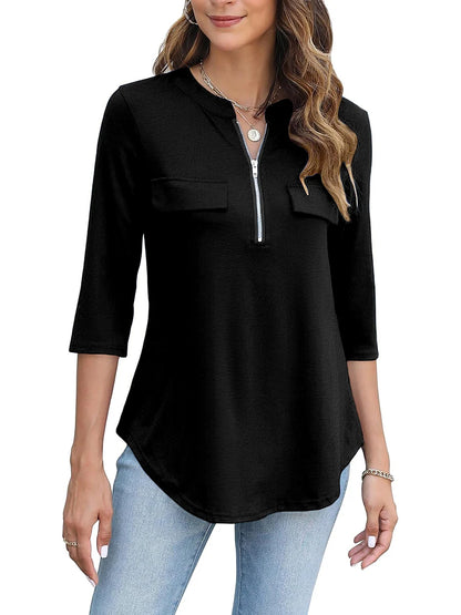 Dam Tunika Topp med Dragkedja V-ringning – 3/4-ärm Lös Ficka Elegant Kontor Casual, Svart 1XL–4XL
