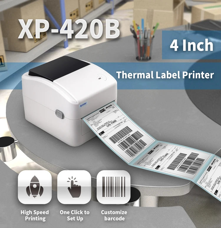 Xprinter Termisk Fraktskrivare 4" – XP-420B 460B 463B USB Bluetooth WiFi Ethernet – DHL FedEx UPS Streckkod 203dpi CE 2026