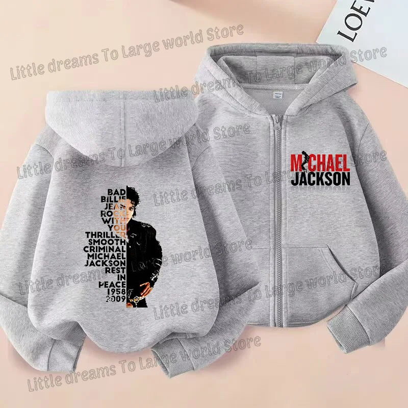 Michael Jackson Thin Long Sleeve Zipper Jacket Boys Hooded Clothes Autumn Spring Singer MJ Zip Up Streetwear with Pocket Tops