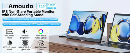 Amoudo 15,6" Portabel IPS Monitor – 1080P 1000 cd/m² Matt USB-C Mini-HDMI Inbyggda Högtalare VESA