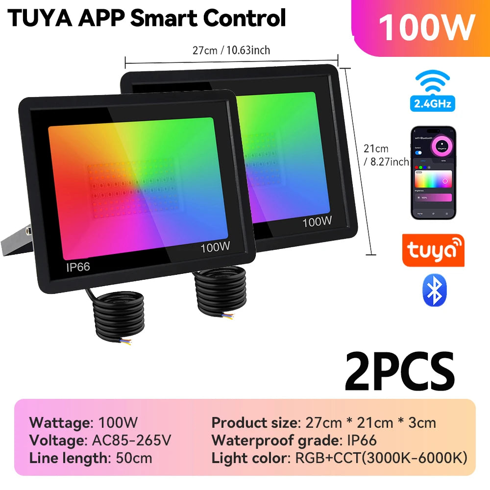 Tuya Smart RGB LED Strålkastare 100W – WiFi, App-styrd, RGB+CCT 3000–6000K, Vattentålig, EU-lager