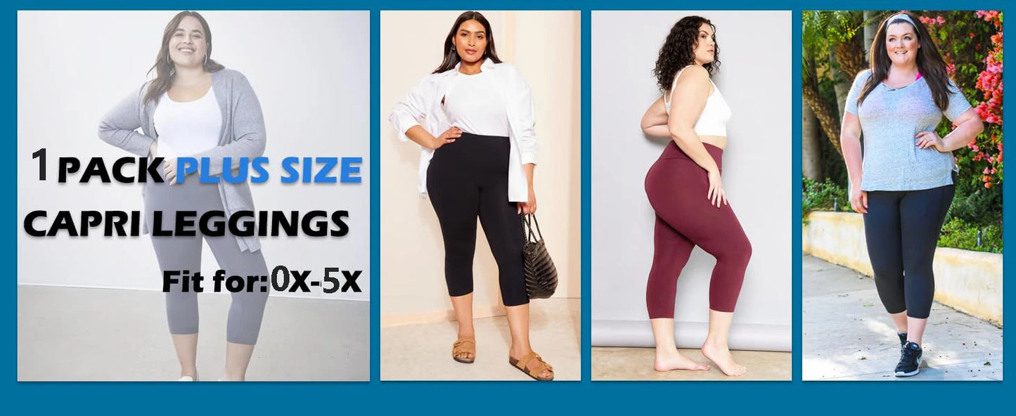 Plus Size Capri Leggings High Waist Tummy Control Stretchy Yoga Workout Women's Plus Size Pull on Stretch Capri Pants High Waist