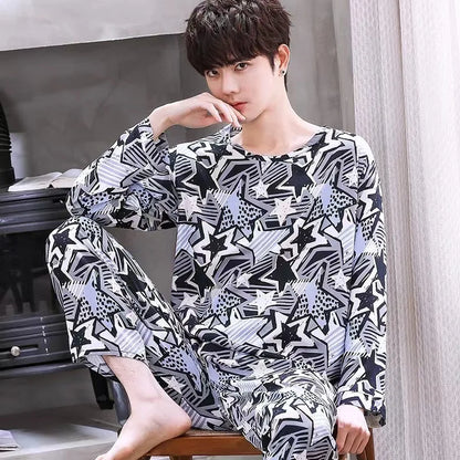 Herr Pyjamas Set Vår & Höst – Långärmad Randig Mjuk Koreansk Stil, 6 Färger M–XXL
