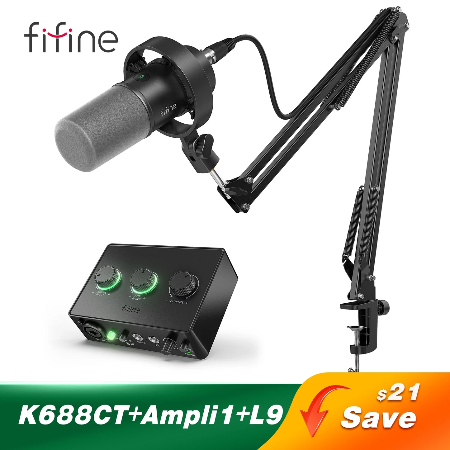 FIFINE Podcast Microphone Audio Mixer Headset Kit with Boom Arm for PC,Recording Studio Microphone for Youtube-K688/H8/Ampli1