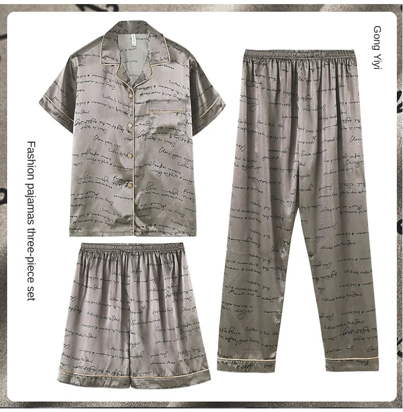 Fashion Summer Autumn 3 Piece Silk Men Pajamas Set Short Sleeve Shorts Oversize Homewear Lapel Collar Loungewear Pijamas for Man