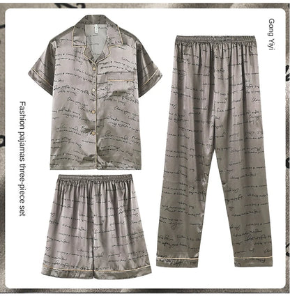 Fashion Summer Autumn 3 Piece Silk Men Pajamas Set Short Sleeve Shorts Oversize Homewear Lapel Collar Loungewear Pijamas for Man