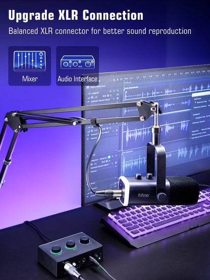 FIFINE Dynamic XLR Microphone Kit with Boom Arm for Mixer,Gaming USB Mic Set with RGB,Volume Control for PC PS5/4 AmpliGame AM8T