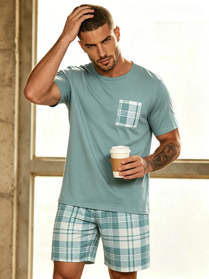 Herr Pyjamas Set Rutig – Kortärmad Topp & Shorts Hudvänlig Avslappnad, 11 Färger S–4XL