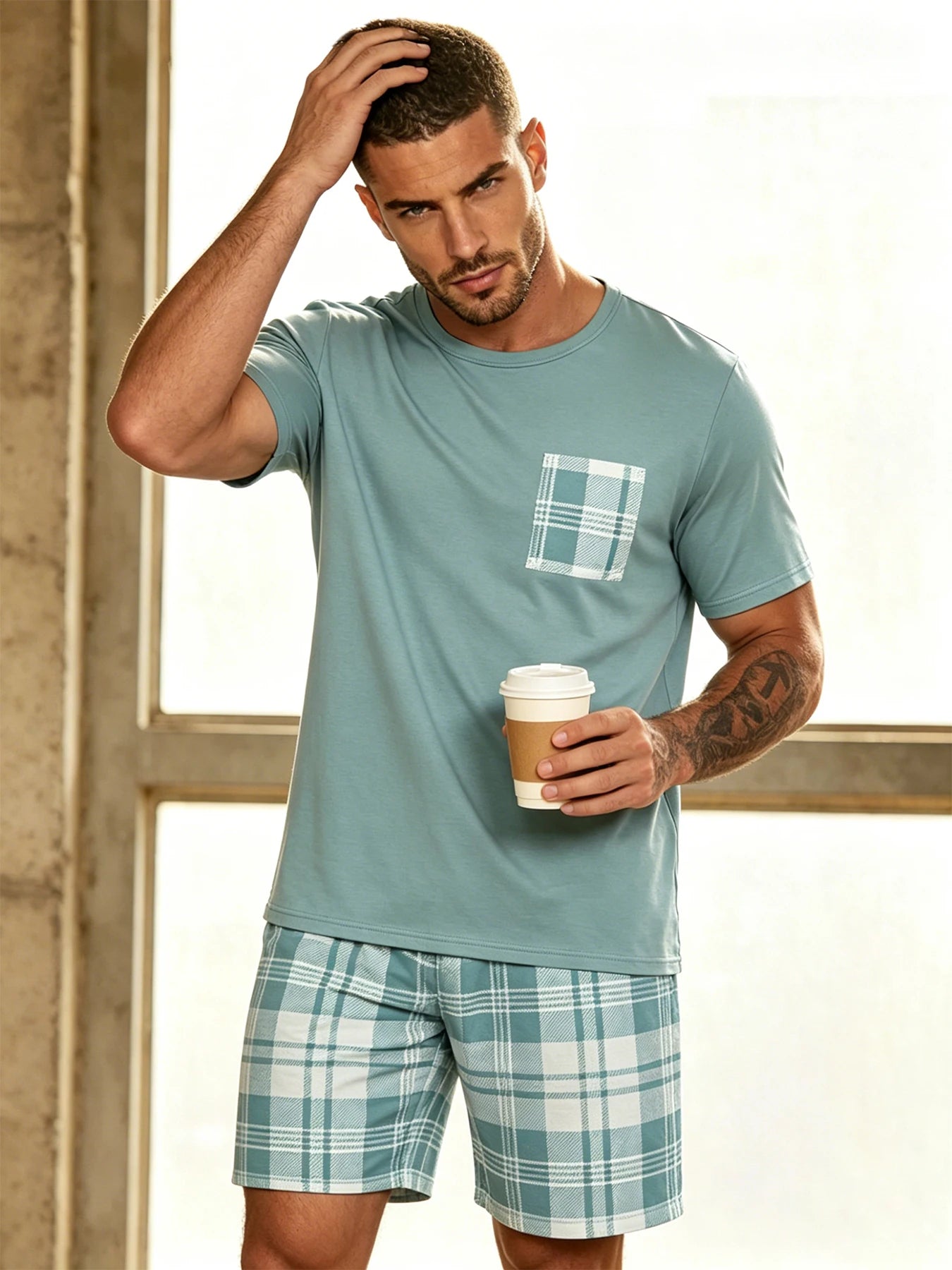 Herr Pyjamas Set Rutig – Kortärmad Topp & Shorts Hudvänlig Avslappnad, 11 Färger S–4XL