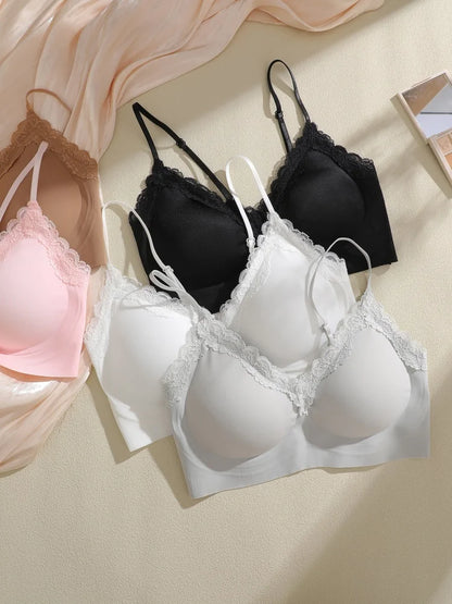 French Lace Bra V Neck Seamless Bra Women's Adjustable Thin Strap Wireless Thin Cup Layering Base Intimates Lingerie Solid S-XL