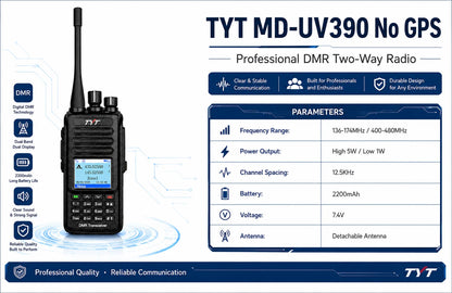 TYT MD-UV390 Dual Band DMR Two Way Radio VHF UHF Digital Analog Handheld Walkie Talkie GPS IP67 3000 Channels