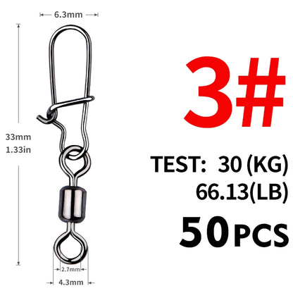 MEREDITH 50PCS Pike Fishing Accessories Connector Pin Bearing Rolling Swivel Stainless Steel Snap Fishhook Lure Swivels Tackle