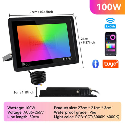 Tuya Smart RGB LED Strålkastare 100W – WiFi, App-styrd, RGB+CCT 3000–6000K, Vattentålig, EU-lager