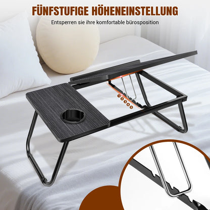 Laptop Table 5-step height adjustable laptop table for bed with folding table legs Cup holder reading stand laptop holder breakfast tray and bookend