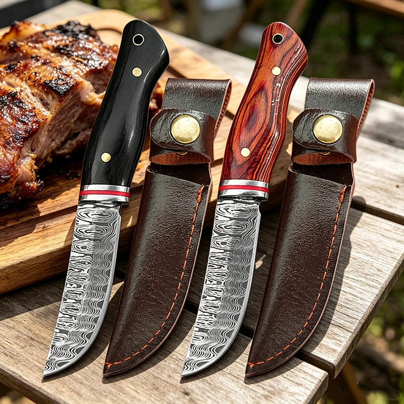 Damascus Pattern Outdoor Utility Knife Survival & Camping Knife Fishing BBQ Cutting Tools