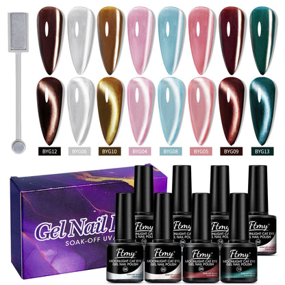 8PC White Moonlight Cat Eye Gel Nail Polish - UV/LED Soakable, Glossy Finish, Heart Pattern, Alcohol Free - Great Gift for Women