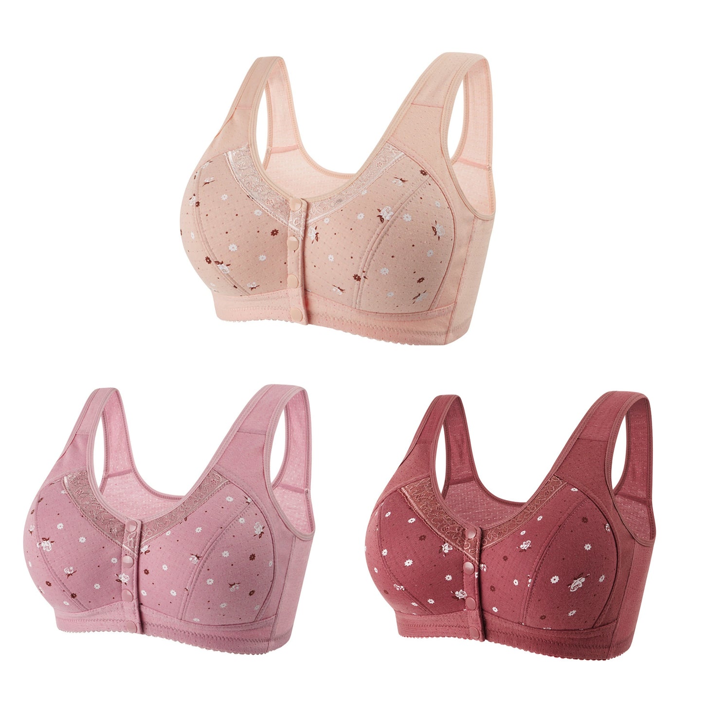 FallSweet 3Pcs/Set Front Closure Bra for Women Plus Size Bras Seamless Wireless Bralette Lace Brassiere Sexy Ladies Lingerie