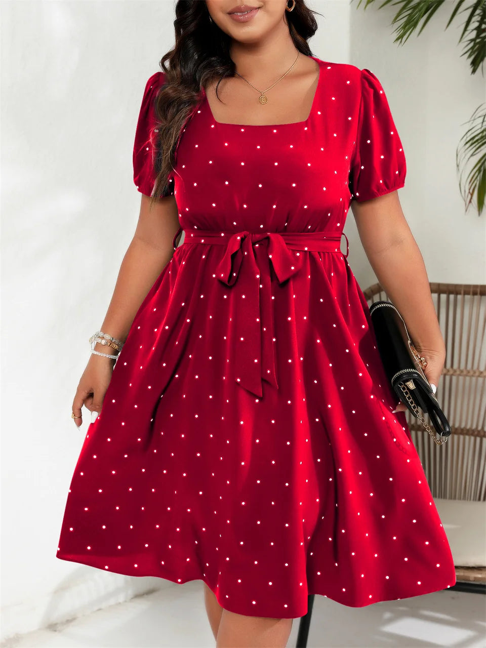 GIBSIE Plus Size Square Neck Polka Dot Belted Dress Women's Elegant Retro Puff Sleeve High Waist Summer A-line Big Swing Dresses