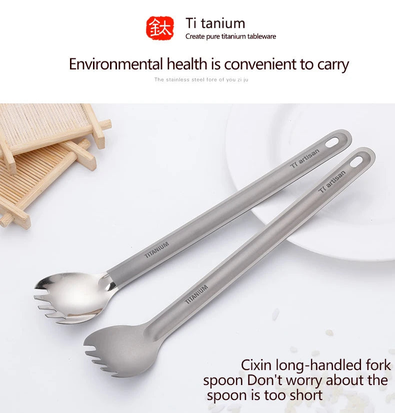 Tiartisan Titaniumsked & Spork – Ultralättviktig 15g, Långt Handtag, Frostad/Polerad, Camping