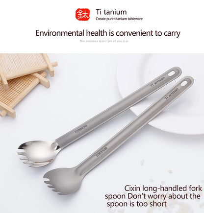 Tiartisan Titaniumsked & Spork – Ultralättviktig 15g, Långt Handtag, Frostad/Polerad, Camping