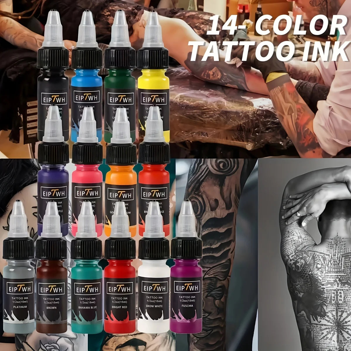 Professional Tattoo Ink - Multicolor Dynamic(14 Colors) & Vibrant Colors in 0.5oz (15ml) Bottles for Tattoo Artists