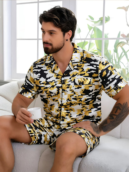 Men's Pj Satin Stripe Print Design Short Sleeve Pajama Set Soft Comfortable Sleepwear for Summer Lightweight Homewear Lougewear